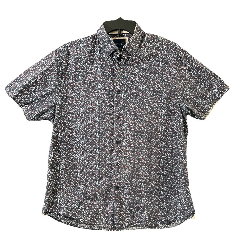 Denim & Flower Men's Large White‎ Blue Floral Print Short Sleeve Button Up Shirt